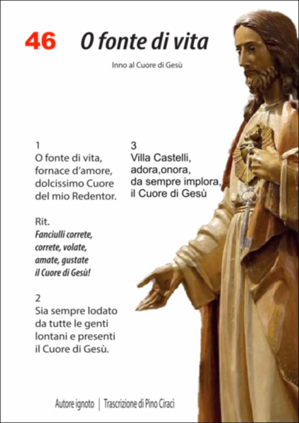 <div class="ql-editor"><div>Materiale che raccoglie il <strong>testo e lo spartito dell’inno “O Fonte di Vita”</strong>, Inno al <strong>Cuore di Gesù</strong>.  </div><div><br></div><div>La Festa Patronale di <strong>Villa Castelli</strong> si svolge ogni anno dall’1 al 3 ottobre ed è uno degli appuntamenti più attesi e partecipati, non solo dai cittadini ma anche da tante persone provenienti dai paesi vicini. Conosciuta anche in dialetto come “Festa Bona”, è dedicata ai Santi Patroni, il Sacro Cuore di Gesù e la Madonna della Fontana, ed è stata istituita nel 1833, anno di fondazione della Parrocchia San Vincenzo de’ Paoli.</div></div>