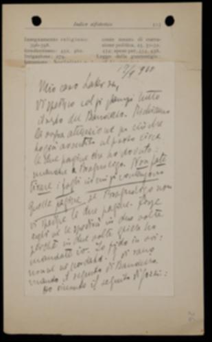 Nella cartolina, Fausto Nicolini comunica a Giovanni Laterza l'invio delle ultime bozze licenziate del primo volume di Matteo Bandello, tranne alcuni fogli che verranno spediti da Gioacchino Brognoligo. Sollecita poi l'editore barese a far sbrigare il seguito di Bandello e gli comunica di aver ricevuto quello di Carlo Gozzi che si appresta a rivedere.