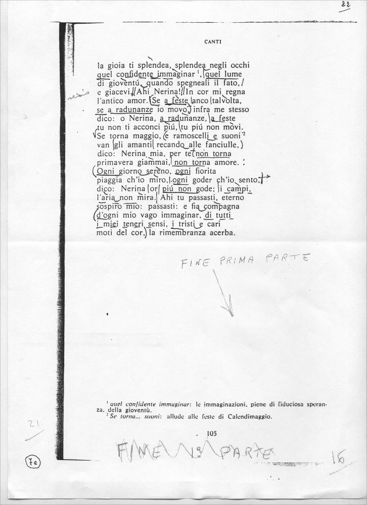 L'immagine è una scansione, da originale, di una pagina con i versi de “Le ricordanze” di Giacomo Leopardi, con scritte a matita di Riccardo Cucciolla, il cui foglio originale fu esposto insieme agli altri, in occasione della mostra "Riccardo Cucciolla - Ritratto d'Attore". Organizzata e voluta dall'Associazione culturale "Attraverso lo Spettacolo", insieme al Servizio Biblioteca e Comunicazione Istituzionale del Consiglio Regionale e l'Assessorato al Mediterraneo, Cultura e Turismo della Regione Puglia, d'intesa con l'Università di Bari, la temporanea fu allestita presso il Centro Polifunzionale per gli Studenti dell'Università degli Studi di Bari (Ex Palazzo Poste) dal 9 al 16 novembre 2012, con l'obiettivo di onorare la memoria dell'attore pugliese riportandola all'a...