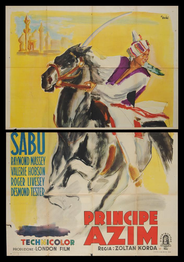 L'immagine riproduce uno dei manifesti conservati presso la Mediateca Regionale Pugliese (vedi Note). Si tratta del manifesto del film "Principe Azim", la cui illustrazione è a firma di Ercole Brini, maestro romano dal linguaggio delicato, riconoscibile per l'uso degli acquerelli che rendono le figure e le ambientazioni rappresentate come impalpabili e cariche di magia. Nel manifesto è mostrato il giovane principe (interpretato dall’attore Sabu e fedelmente riprodotto da Brini) a cavallo, vestito con abiti regali, immerso in un’atmosfera che ricorda il tipico paesaggio dell’India, rappresentato dall’architettura orientale mostrata in alto a sinistra, mentre lo sfondo giallo ricorda il deserto indiano, che dona un fascino esotico che ben descrive il film. Il titolo del f...