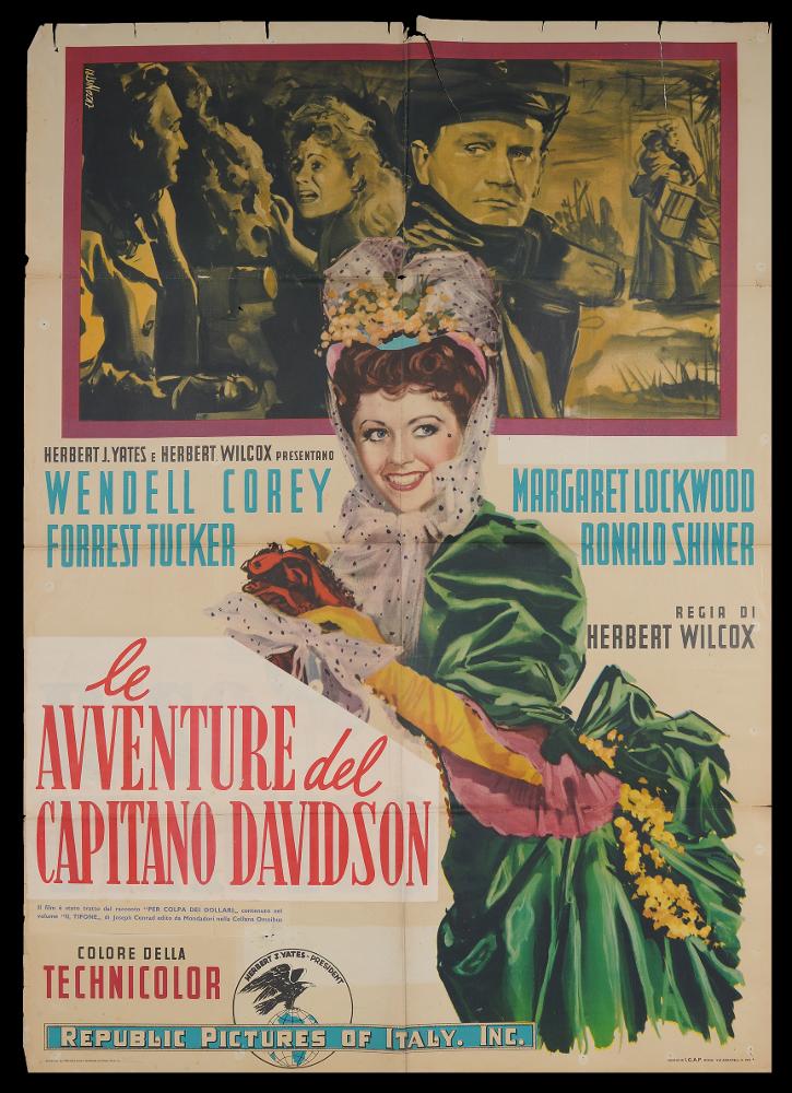 L'immagine riproduce uno dei manifesti conservati presso la Mediateca Regionale Pugliese (vedi Note). Si tratta del manifesto del film "Le avventure del Capitano Davidson", a firma di Enzo Nistri. Pittore romano che realizzò migliaia di manifesti per il cinema, Nistri si contraddistinse per un linguaggio maturo, uno stile semplice ed elegante che "si presta a raccontare ogni storia" (Baroni, 2018). Molti suoi lavori infatti si riconoscono per il tratto raffinato, ma al tempo stesso dalla forte intensità costruttiva data anche da un sapiente uso dei colori netti e spesso contrastanti, che aiutano a ben definire le figure e le scene descritte. Per questo film, Nistri realizza una composizione insolita, fatta di più punti visivi. Al centro, la bella figura di Margaret Lock...