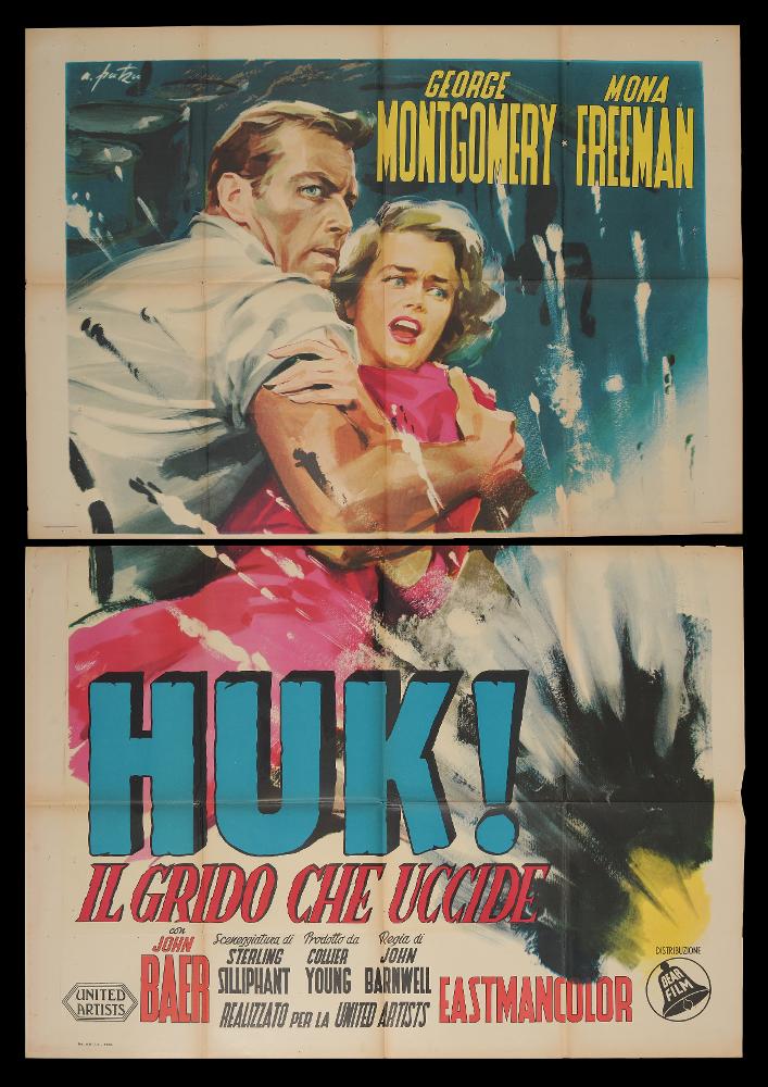 L'immagine riproduce uno dei manifesti conservati presso la Mediateca Regionale Pugliese (vedi Note). Si tratta di uno dei manifesti del film “Huk! - Il grido che uccide” del 1956 per la regia di John Barnwell. La firma che si legge è dell’illustratore romano Arnaldo Putzu (A. Putzu) collaboratore di Enrico De Seta e dello studio Favalli. Lo stile di Putzu è riconoscibile per la drammaticità del momento rappresentato, visibile nella rappresentazione dei ritratti dei due protagonisti George Montgomery (Greg Dickson) e Mona Freeman (Cindy Rogers), caratterizzati da una intensa espressività dei volti. Per lo sfondo Putzu utilizza delle pennellate sfumate che partono dall’angolo inferiore destro e si innalzano dando un senso di esplosione, quasi a rendere graficamente “il g...