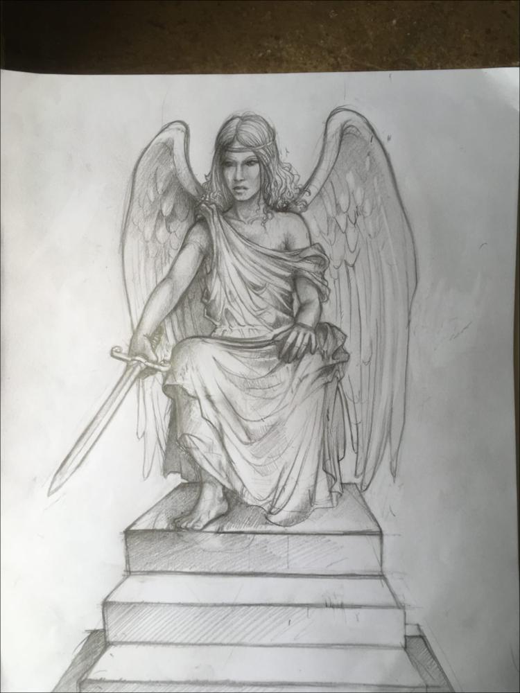 Bozzetto per la realizzazione di installazioni in cartapesta nel centro storico di Putignano per l’evento “Racconti di Carta – In cammino con Dante”.  Ispirato ai versi del Canto IX del Purgatorio, il tema è dell’Antipurgatorio, punto di accesso alle Cornici, dove l’angelo guardiano è posto su tre gradini di colore diverso, simboli di consapevolezza delle colpe, della confessione orale e dell’ardore della carità. L’angelo è armato di una spada con la quale inciderà 7 “p” che rappresentano i peccati capitali sulla fronte di Dante, che poi laverà man mano che ascenderà le Cornici. La scultura, a cura di Angelo Loperfido e Domenico Impedovo, è stata posizionata davanti alla Chiesa del Purgatorio, dove è presente l’emblema del Pio Monte delle Anime del Purgatorio con le cui...