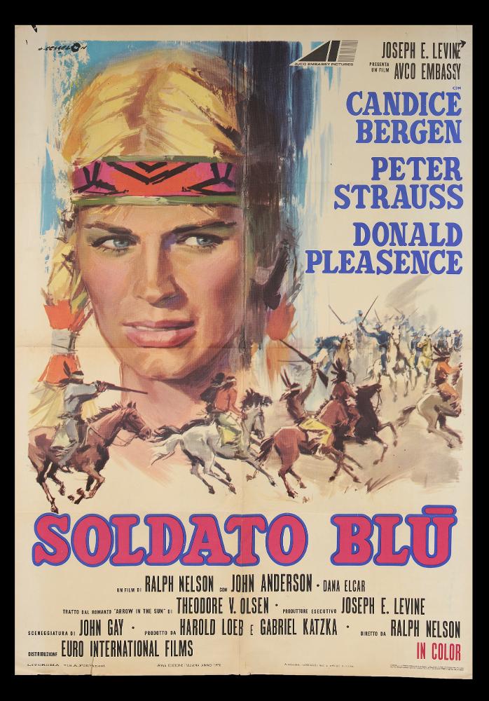 L'immagine riproduce uno dei manifesti conservati presso la Mediateca Regionale Pugliese (vedi Note). Si tratta del manifesto del film "Soldato blu". L'illustrazione pittorica è a firma di Angelo Cesselon, considerato uno dei pittori di cinema più originali, contraddistinto da uno stile fatto di un cromatismo vibrante e dinamico. Nei suoi lavori per il grande schermo, ha sempre prediletto l'uso di tocchi sfumati e leggeri, con contrasti di colore forti e contemporanei. Ma è indubbio che Cesselon fu influenzato anche da una certa tradizione pittorica veneta, che guarda ad artisti come Tiziano e Tiepolo, fino a Giovanni Boldini, soprattutto nelle composizioni diagonali. Tutta la sua produzione, anche quella più tarda, privilegiò colori acquarellati e accostamenti di tinte...