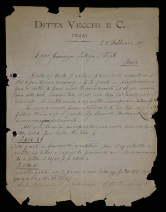 Con la lettera, la Tipografia Valdemaro Vecchi comunica a Laterza di aver ricevuto una parte delle coperte necessarie al lavoro commissionato e lo sollecita a spedire il resto insieme ad altro materiale. In chiusura del documento sono riportati i dati di un rendiconto.