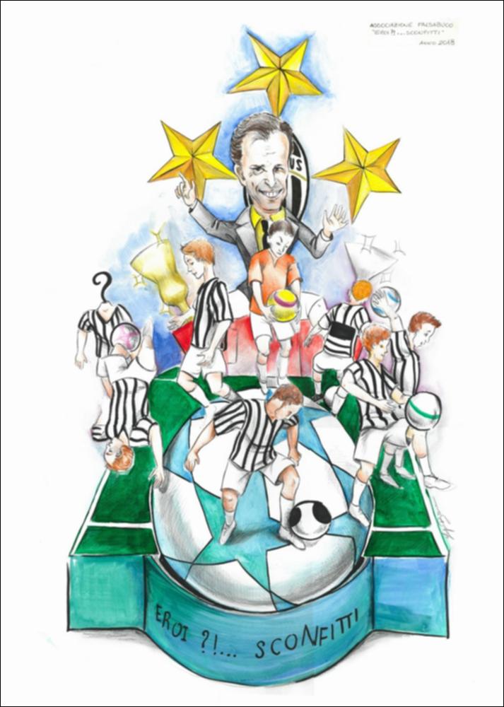 L’edizione 624 del Carnevale di Putignano 2018 ha designato come tema dell’anno “Gli eroi”, e i maestri cartapestai si sono messi in gioco con la loro consueta creatività, sapiente tecnica e fervida passione per la realizzazione dei giganteschi carri allegorici.
Il bozzetto “Eroi Sconfitti” è opera dell’Associazione Culturale “Falsabuco”.
Nonostante la pesante sconfitta contro il Real Madrid nella Finale di Champions League 2017, i giocatori della Juventus rappresentano gli eroi moderni, sempre e comunque vittoriosi. Così tutta la squadra fa propri i valori e le caratteristiche tipiche degli eroi: coraggio, forza, abnegazione e temperanza.
Nell’opera, i giocatori sono rappresentati mentre si cimentano con i fondamentali del calcio, l’allenatore Massimo Allegri nell’atto...