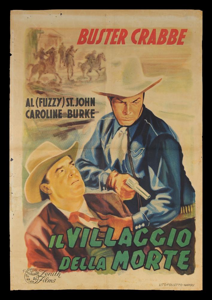 L'immagine riproduce uno dei manifesti conservati presso la Mediateca Regionale Pugliese (vedi Note). Si tratta di una delle versioni grafiche del manifesto del film “Il villaggio della morte”, del quale non si hanno notizie riguardo la data di uscita e la regia. Dal manifesto si possono conoscere solo i nomi degli attori principali ed il titolo. La composizione grafica è molto semplice, vi è in primo piano una scena che immortala due cowboy, come si evince dall’abbigliamento, mentre sullo sfondo acquerellato si possono riconoscere un gruppo di uomini a cavallo, dai lineamenti non definiti.