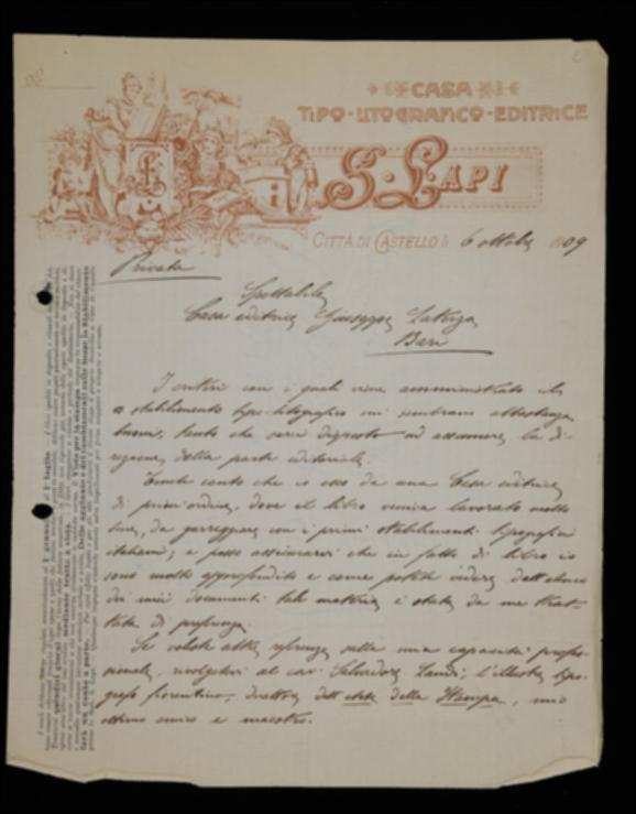 Con una dettagliata lettera, Angelo Marinelli comunica a Laterza le sue condizioni contrattuali per l'assunzione in qualità di proto. In allegato al documento vi è una nota dell'editore con una controproposta alle richieste economiche avanzate da Marinelli.