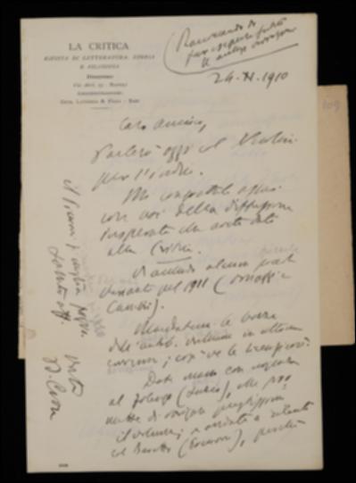 Impegnandosi a parlare con Fausto Nicolini in merito alla redazione dell'indice de “La Critica”, Benedetto Croce si congratula con Giovanni Laterza per la diffusione del periodico medesimo, accludendo una serie di modifiche da apportare alle relative liste di omaggi e cambi. Richiede poi le bozze del volume di Giambattista Vico per poterle licenziare; suggerisce infine di approfittare della disponibilità del curatore Alessandro Luzio nel correggere le bozze di Teofilo Folengo, mentre suggerisce di rallentare la stampa del volume di Giuseppe Baretti a causa della lentezza dimostrata dal curatore Luigi Piccioni.