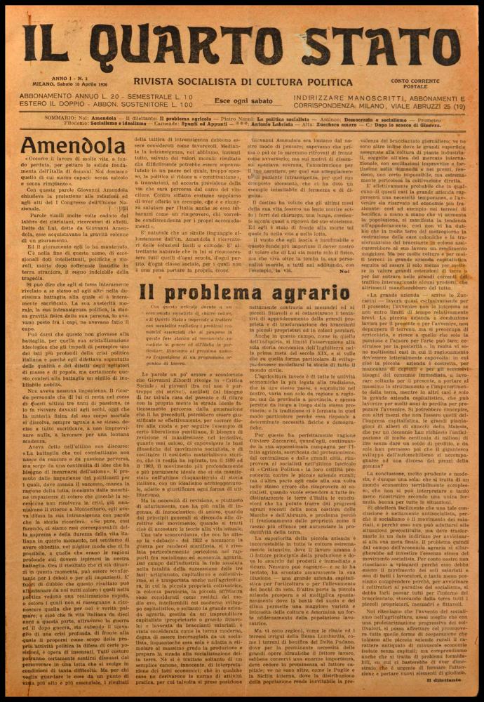 ll documento digitale è parte della collezione dell’emeroteca storica posseduta dall’Istituto pugliese per la storia dell’antifascismo e dell’Italia contemporanea di Bari (IPSAIC). Nello specifico la risorsa in oggetto riproduce il numero 5 del settimanale di attualità politica, fondato da Pietro Nenni e Carlo Rosselli, “Il Quarto Stato – Rivista socialista di cultura politica”, distribuito per un solo anno. Nel numero del 10 aprile 1926, in quarta pagina si affronta un delicato problema di natura economica, legato allo zucchero, sul quale tra il 1923 e il 1925 furono fissati alti dazi doganali; una questione che seppur regolata dalla Convenzione internazionale di Bruxelles del 1902, fu dovuta ad una crisi mondiale di superproduzione nel settore e di una accanita lotta ...