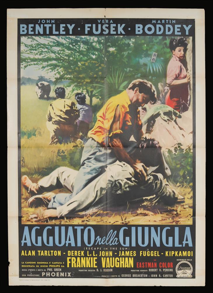 L'immagine riproduce uno dei manifesti conservati presso la Mediateca Regionale Pugliese (vedi Note). Si tratta di una delle versioni grafiche per il manifesto del film "Agguato nella giungla" del 1956 per la regia di George P. Breakston. La firma che si legge è dell’illustratore Lorenzo Nistri (Enzo Nistri) come si legge sul lato sinistro. Pittore romano che realizzò migliaia di manifesti per il cinema, Nistri si contraddistinse per un linguaggio maturo, uno stile semplice ed elegante che «si presta a raccontare ogni storia» (Baroni, 2018). Molti suoi lavori infatti si riconoscono per il tratto raffinato, ma al tempo stesso dalla forte intensità costruttiva data anche da un sapiente uso dei colori netti e spesso contrastanti. In questa composizione notiamo differenti m...
