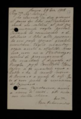 Nella cartolina, Rosina De Leonardis comunica l'arrivo delle copie richieste. Sollecita il deposito presso il libraio Cavillotti di Oneglia e l'invio di copie presso le tre scuole normali di Roma. Esprime l'intenzione di mandare una copia a Matilde Serao.