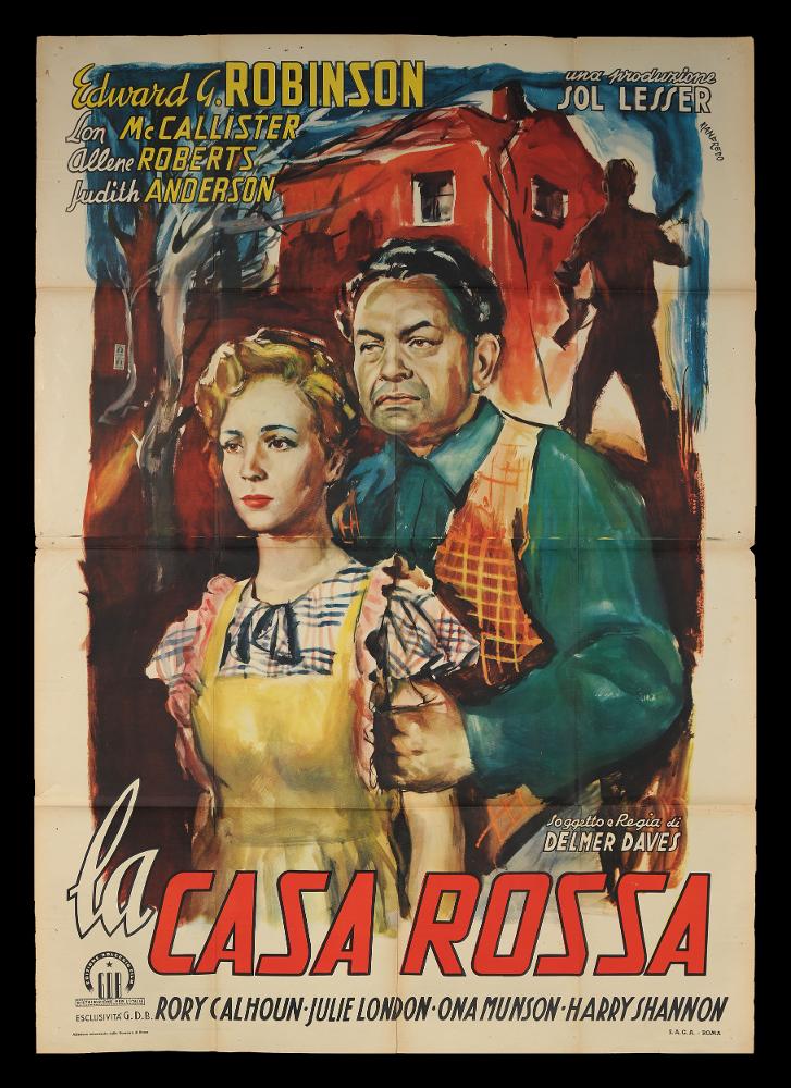 L'immagine riproduce uno dei manifesti conservati presso la Mediateca Regionale Pugliese (vedi Note). Si tratta di una delle versioni grafiche del manifesto del film “La casa rossa”, del 1947 per la regia di Delmer Daves. Il manifesto è a firma di Acerbo Manfredo (Manfredo), abruzzese di nascita, formatosi a Roma all'Accademia di Belle Arti. La sua carriera lavorativa lo vede insegnante di pittura, grafico ed illustratore per il cinema. Il suo stile si contraddistingue da un segno grafico espressionista, dall'accostamento del nero a colori accesi e da una composizione fatta di macchie e pennellate rapide, molto contemporanee, che certamente lo distingueranno dagli altri pittori di cinema, rendendolo inequivocabilmente riconoscibile. Le forme delle figure e dei personagg...