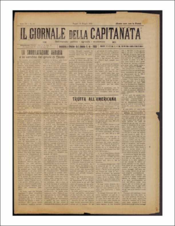 Il documento è parte della collezione del fondo libri digitalizzati della Biblioteca provinciale La Magna Capitana di Foggia, comprendente alcune monografie di diversi secoli e periodici del Novecento. Nello specifico si tratta del quattordicesimo numero del periodico “Il Giornale della Capitanata. Settimanale politico agricolo economico”. Il periodico del 14 maggio 1922 si apre con la questione agraria legata al grano, facendo un'analisi su come lo Stato, nel periodo post bellico, attraverso le Commissioni di requisizioni permise l'acquisto di grani buoni e grani di scarto per cui questo non giovò per nulla al mercato, poiché i produttori non avevano intenzione di comprare il grano buono. Si prosegue sulla stessa pagina con una feroce risposta al giornale "Rinnovamento...