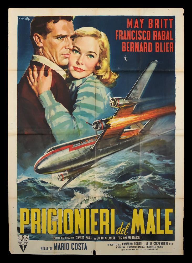 L'immagine riproduce uno dei manifesti conservati presso la Mediateca Regionale Pugliese (vedi Note). Si tratta di una delle versioni grafiche del manifesto del film "Prigionieri del male" del 1955 per la regia di Mario Costa. Il manifesto, a firma dell’illustratore milanese Averardo Ciriello che anche in questo caso, come consuetudine nei suoi bozzetti e nei suoi manifesti, sceglie di raccontare, come scena narrativa, un momento tra i più drammatici del film. Così ecco rappresentato il tragico momento della caduta, su un mare in tempesta, dell’aereo con a bordo la giovane giornalista russa Nadia Ulianova, una delle protagoniste del film che ritroviamo in mezza figura in un tenero abbraccio con Sergio, l’amore che incontrerà proprio a seguito della catastrofe aerea. Il ...