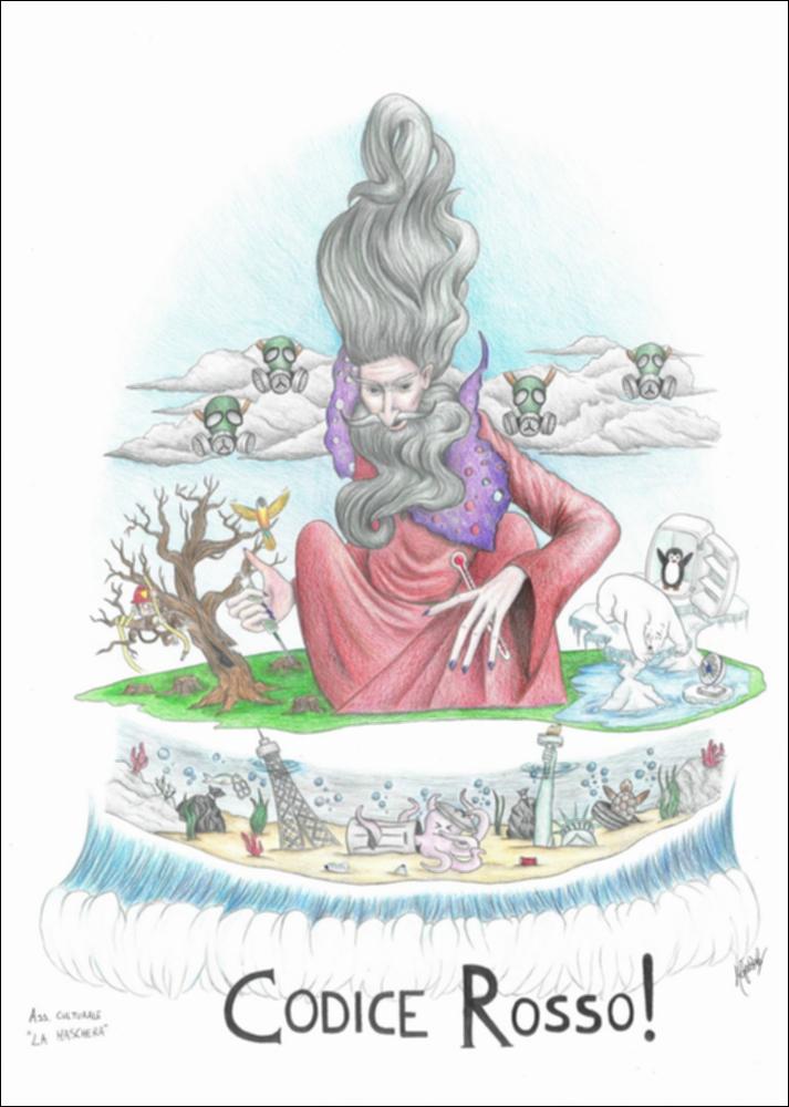Per l’edizione 2020, la Fondazione Carnevale di Putignano ha scelto come tema ispiratore dei carri “la Terra vista dal Carnevale”. L’Associazione "La Maschera" ha realizzato questo bozzetto preparatorio dal titolo “Codice rosso”. 
Il “Codice rosso” rimanda alla situazione di gravità che caratterizza il nostro pianeta, molto malato sotto l’aspetto ambientale. Il personaggio principale di questo bozzetto è il Dottor Coscienza, il quale rappresenta la presa di coscienza da parte dell’uomo, che dovrebbe guarire il nostro pianeta dall’inquinamento e dal riscaldamento globale, rappresentato nella parte inferiore con un fondale marino pieno zeppo di rifiuti. Nella parte superiore, invece, vengono rappresentate altre due emergenze, sempre legate al tema della sostenibilità ambi...