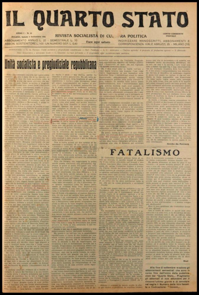 Il documento digitale è parte della collezione dell’emeroteca storica posseduta dall’Istituto pugliese per la storia dell’antifascismo e dell’Italia contemporanea di Bari (IPSAIC). Nello specifico la risorsa in oggetto riproduce il numero 22 del settimanale di attualità politica, fondato da Pietro Nenni e Carlo Rosselli, “Il Quarto Stato – Rivista socialista di cultura politica”, distribuito per un solo anno. Nel numero pubblicato il 4 settembre del 1926 vi è una lunga e complessa analisi, a firma Il dilettante, delle riflessioni di Oliviero Zuccarini emerse dal suo contributo "Esperienze e soluzioni (Stato liberale, Stato fascista, Stato repubblicano) edito dalla Libreria Politica Moderna. Il volume è suddiviso in tre parti, le prime due sono dedicate alla "diagnosi de...