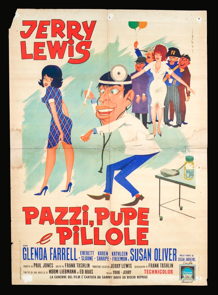 “Pazzi, pupe e pillole” (titolo originale “The Disorderly Orderly” è un film comico statunitense del 1964 diretto da Frank Tashlin, su sceneggiatura scritta da Frank Tashlin, Norm Liebmann  ed Ed Haas.
Il film venne girato nella clinica Greystone Park and Mansion di Beverly Hills in California.
Tra i principali interpreti ricordiamo Jerry Lewis, Glenda Farrel, Susan Oliver, Everett Sloane.
Il manifesto cinematografico è firmato “C. Tim” pseudonimo di C. Timperi, artista di cui non si hanno notizie.
La scena è estremamente divertente grazie allo stile grafico fortemente caricaturale, a colori piatti e vivaci. 
Il manifesto originale è conservato nell’Archivio della Mediateca Regionale Pugliese....