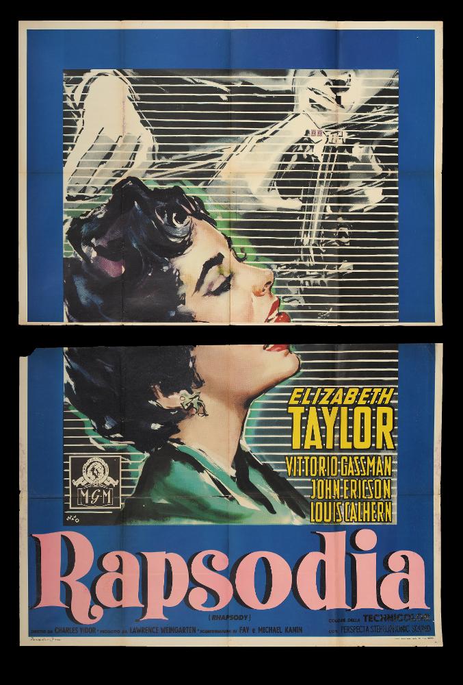 L'immagine riproduce uno dei manifesti conservati presso la Mediateca Regionale Pugliese (vedi Note). Si tratta di una delle versioni grafiche del manifesto del film americano “Rapsodia”, a firma di Nano, nome d'arte di Silvano Campeggi, come si evince dalla firma in basso a sinistra. Illustratore e pittore di fama mondiale, allievo di Luigi Martinati, fu autore di alcuni tra i più bei manifesti del cinema italiano come 'Via col vento', 'Ben Hur e i suoi quattro cavalli bianchi' e 'Colazione da Tiffany'. Il suo linguaggio stilistico si basa sulla sintesi di forme e linee, prediligendo campiture di colore ampie e nette per definire movimenti e figure dai volumi compatti. Usa disegni apparentemente semplici ma di grande raffinatezza stilistica, toni di colore monocromatic...