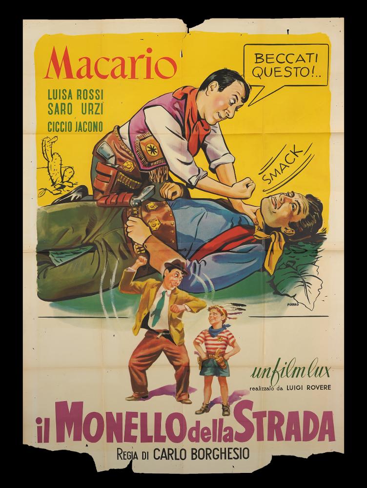 L'immagine riproduce uno dei manifesti conservati presso la Mediateca Regionale Pugliese (vedi Note). Si tratta del manifesto del film "Il monello della strada", a firma di Manno (Dante Manno), di cui si conserva anche l'altra versione, identica, per la locandina ad opera dello stesso artista. Formatosi all'Accademia di Belle Arti, dove fu allievo di Duilio Cambellotti, è stato un grande pittore di cinema. Questo influenzerà la sua carriera, dedicandosi totalmente a quest'arte, sua grande passione fino alla crisi degli anni '70. L'uso degli acquerelli e della tempera, di colori compatti e pastosi rendono le sue figure ben definite e morbide, unendo un certo stile classico e accademico ad una grafica moderna. Manno, come molti altri pittori dell'epoca dediti alla pittura...