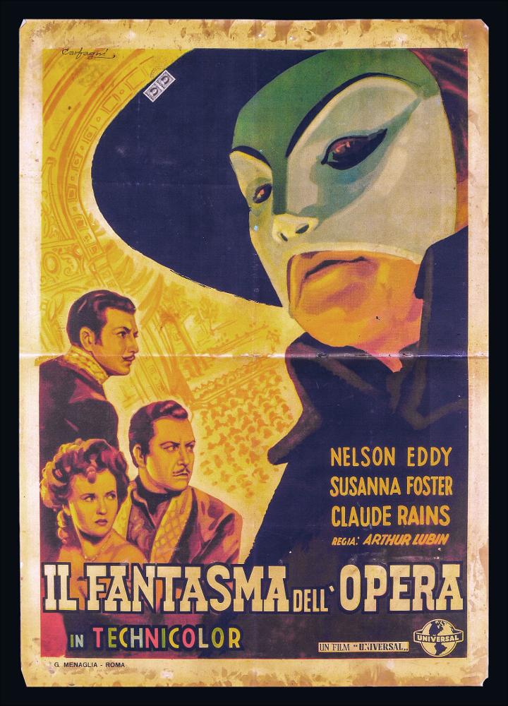 L'immagine riproduce uno dei manifesti conservati presso la Mediateca Regionale Pugliese (vedi Note). Si tratta di uno dei manifesti del film americano "Il fantasma dell'Opera”. La firma dell'opera è dell’illustratore romano Carfagni Federico (Carfagni), attivo sicuramente a partire almeno dagli anni Quaranta. Si dedicò al cartellonismo nell’immediato dopoguerra divenendo uno dei maggiori disegnatori di cartelloni pubblicitari e per il cinema americano in Italia. In questa composizione Carfagni dà spazio alla figura protagonista, esaltandola con bellissimi giochi di luce. Colpisce l’uso di colori e il fondo giallo con elementi decorativi che lasciano intuire lo spazio di un teatro. Carfagni certamente si può far rientrare tra i pittori del "primo stile" della pittura da...