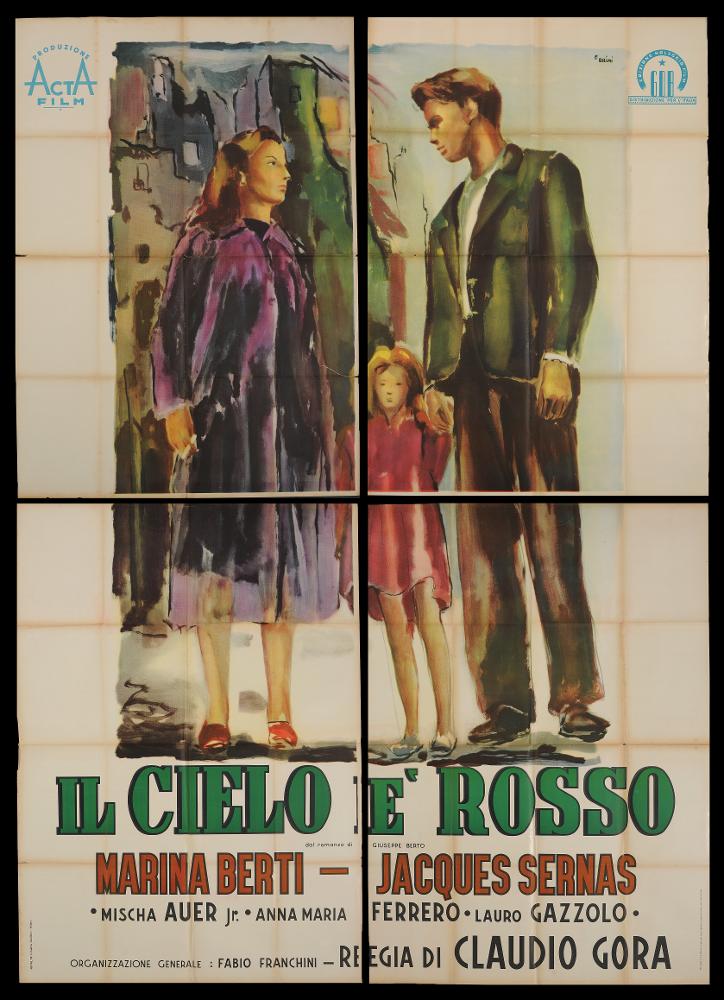 “Il cielo è rosso” è un film del 1950 diretto da Claudio Gora, tratto dal romanzo omonimo di Giuseppe Berto.
La sceneggiatura è di Giuseppe Berto, Claudio Gora e Giuseppe Santilli. Tra gli interpreti principali ricordiamo Marina Berti, Jacques Sernas, Mischa Auer, Anna Maria Ferrero, Lauro Gazzolo.
Il manifesto cinematografico è firmato dal celebre maestro Ercole Brini, artista che, dopo aver terminato gli studi accademici, si dedicò fin da subito alla pittura di cinema. L’utilizzo dell’acquerello nelle pennellate veloci e leggere caratterizza il suo stile impalpabile e delicato ma nello stesso tempo moderno ed originale. La scelta compositiva enfatizzata dalla ricchezza di contrasti cromatici dona drammaticità alla scena rappresentata su questo manifesto.
Il manifesto ...
