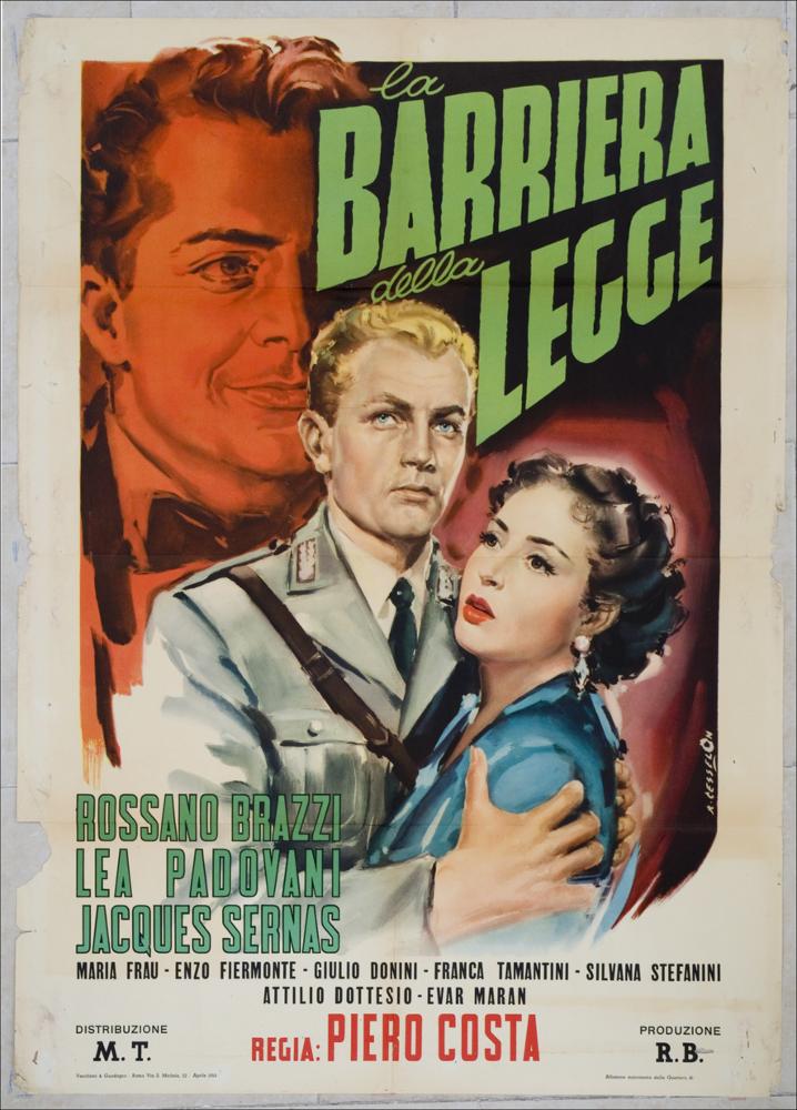 L'immagine riproduce uno dei manifesti conservati presso la Mediateca Regionale Pugliese, esaminati in "Cinema al muro: Angelo Cesselon" (vedi Note). Con il manifesto, l'artista concentra l'attenzione sul primo piano di un volto maschile disegnato in modo bozzettistico su uno sfondo rosso scarlatto. Questa immagine rimanda al giovane Aldo ucciso dagli agenti perché facente parte di una banda di malavitosi. Egli, in tenuta formale, accenna un sorriso, forse perché comunque felice per aver trovato, all'interno della banda, l'amore nei confronti di Ilda. In primo piano, Cesselon contrappone la coppia di innamorati in cui Anna, la sorella del giovane ucciso, è ripresa in un tenero abbraccio con il tenente di polizia che ha condotto il caso. La donna, con abito azzurro e pen...