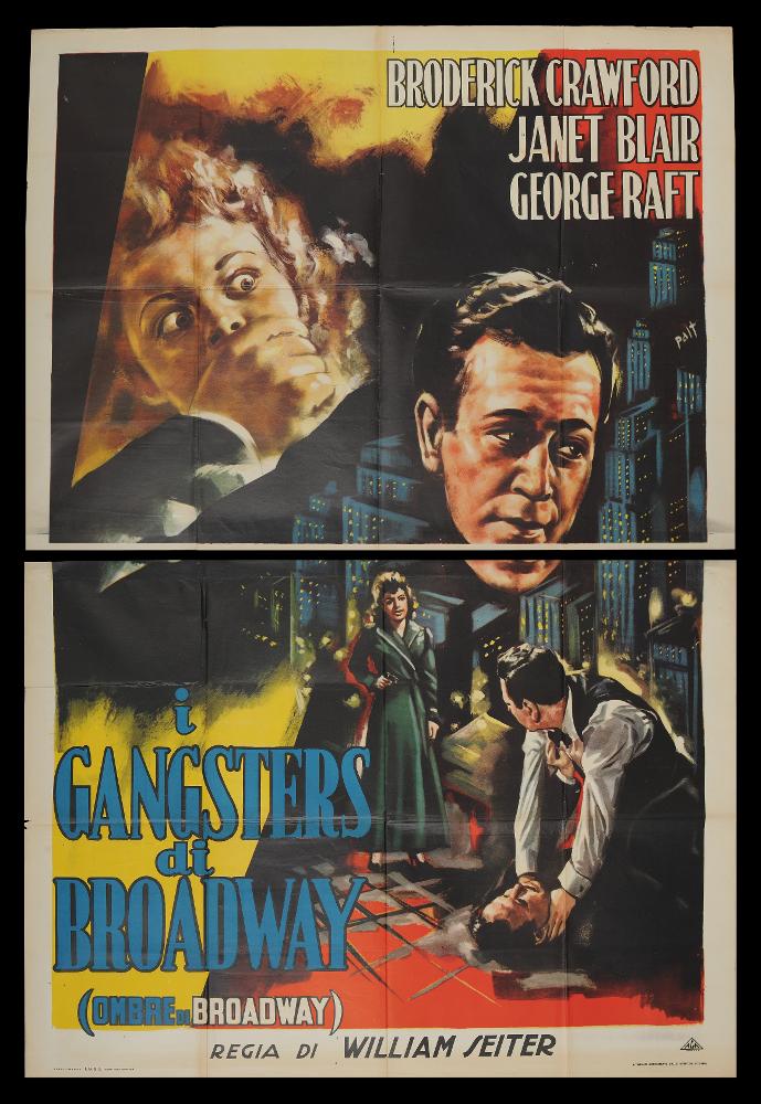 
“Ombre di Broadway” (Broadway) è un film del 1942 diretto da William A. Seiter.
Si tratta di un film musicale con le coreografie di John Mattison e la direzione musicale di Charles Previn, tratto dalla commedia di George Abbott, rifacimento di “Broadway”, una pellicola del 1929 che era stata diretta da Pál Fejös.
La sceneggiatura è di Felix Jackson, John Bright e Bruce Manning. Tra gli interpreti principali ricordiamo Broderick Crawford, Janet Blair e George Raft.
Il manifesto cinematografico che presenta il titolo “I gangsters di Broadway” è firmato da Palt, pseudonimo del celebre pittore di cinema Paolo Tarquini, "Pittore non Pittore" come lui stesso si definì. Tarquini fu un artista che condivise la sua arte con il padre Sabatino ed i fratelli Luigi e Glauco. Il suo...