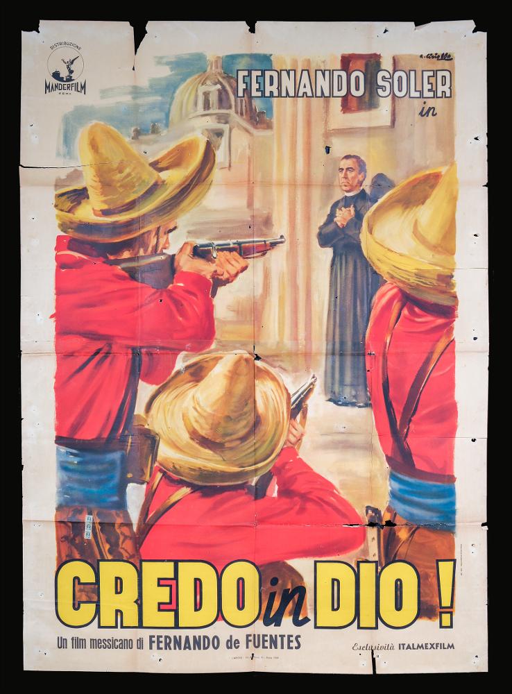 L'immagine riproduce uno dei manifesti conservati presso la Mediateca Regionale Pugliese (vedi Note). Ciriello firma il dipinto per il manifesto del film messicano "Credo in Dio!". Pittore dal linguaggio elaborato e dallo stile pittorico colto e maturo, sia nel ritratto che nelle scene narrative, Ciriello seppe caratterizzare le sue opere con l'uso di sfumature volumetriche, tocchi di colore morbidi "emotivi", che denotano una comunicazione visiva chiara e coinvolgente. Si ricorda come tra i più importanti disegnatori per manifesti del cinema italiano. Iniziò a lavorare come pubblicitario presso l’agenzia 'Non plus ultra' a Milano e poi presso la 'Ima', la più grande agenzia di pubblicità in Italia. Il suo talento come disegnatore di arte figurativa lo porteranno anche ...
