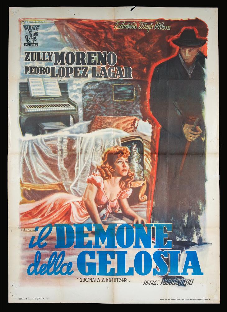 “Il demone della gelosia” (titolo originale “Celos”) è un film argentino del 1946 diretto da Mario Soffici, su sceneggiatura di Tulio Demicheli e Lev Tolstoy. Tra i principali interpreti ricordiamo Pedro Lopez Lagar e Zully Moreno.
Il manifesto cinematografico è firmato da A. Pontrandolfi, autore di cui non si hanno notizie per identificarlo. La composizione presenta un linguaggio narrativo di forte impatto che descrive la scena in tutta la sua drammaticità.
Colori caldi e pennellate rapide creano effetti chiaroscurali intensi, le doti ritrattistiche dell’autore emergono nella bellezza del volto della protagonista, in netto contrasto col volto volutamente solo abbozzato dell’uomo raffigurato in piedi sulla destra della scena.
Il manifesto originale è conservato nell’Arc...