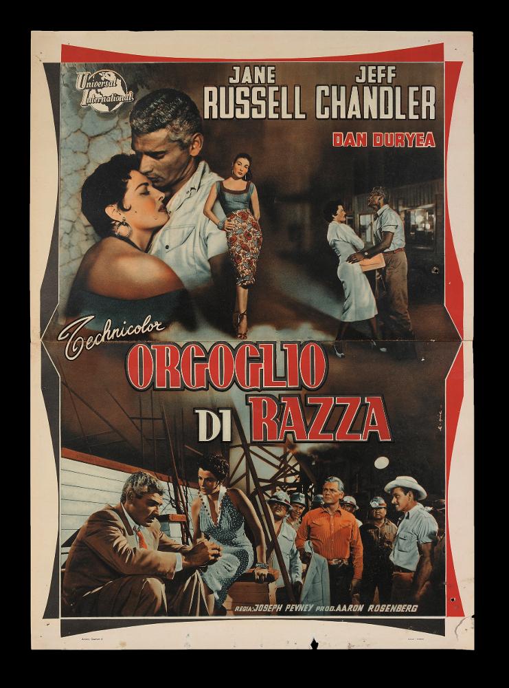 L'immagine riproduce uno dei manifesti conservati presso la Mediateca Regionale Pugliese (vedi Note). Si tratta nello specifico del soggettone (formato verticale) della fotobusta del film americano "Orgoglio di razza", a firma dell'illustratore E. Pic. La composizione presenta un collage elegante e descrittivo composto da bellissime fotografie di scena prese dal film e ritoccate con colori caldi e intensi, per un effetto molto decorativo. L’illustratore E. Pic., che in genere realizza elementi pittorici nelle sue opere grafiche, qui segue più uno stile vicino a quello di Fiorenzi, il primo che adottò il collage per i manifesti di cinema....
