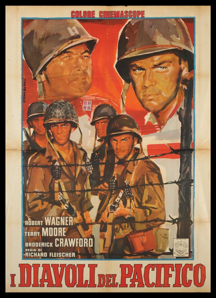 L'immagine riproduce uno dei manifesti conservati presso la Mediateca Regionale Pugliese (vedi Note). Si tratta di una delle versioni grafiche realizzate per il manifesto del film americano "I diavoli del Pacifico". È un'opera grafica dello Studio B. e del pittore Avelli, come si evince dalla doppia firma sul fianco sinistro. Inquadrata da una sottile cornice azzurra che ne accentua l'effetto decorativo, la composizione si mostra narrativa, la pittura fatta di pennellate veloci. Racconta il tema atroce della guerra e una storia di amicizia, esaltando i personaggi principali, tutti in prima linea e con lo sguardo diretto al fruitore, scelta che ne accentua di certo l'aspetto comunicativo e di coinvolgimento, mentre le tonalità calde e soprattutto rosse rafforzano il lato...