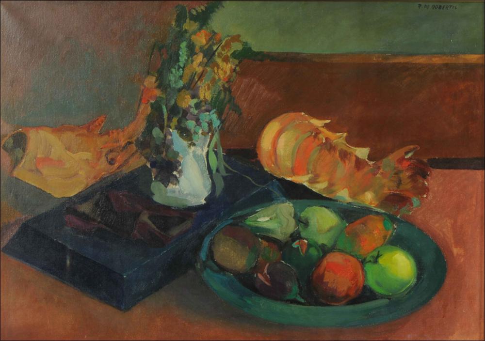 L'immagine è la riproduzione digitale di “Natura morta con fiori e aragosta e frutta”, olio su tela realizzato da Roberto De Robertis, artista pugliese che segnerà il cambiamento della scena artistica e culturale di Bari negli anni trenta del Novecento. Tra i soggetti che l'artista amerà rappresentare ritroviamo, oltre ai paesaggi e ai ritratti, le malinconiche nature morte che lo accompagneranno fino alla fase più matura in cui l'autore abbandonerà il cromatismo aggressivo dei primi tempi per dare spazio ad un più gradevole equilibrio cromatico. Formatosi inizialmente nella bottega barese del pittore veneto Mario Prayer e trasferitosi successivamente a Milano, dove conseguirà il diploma di decorazione pittorica presso l'Accademia di Brera, De Robertis fa ritorno a Bari...