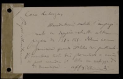 Nella cartolina, Pietro Chimienti sollecita l'invio dell'impaginato e di due estratti delle pp. 137-148. Chiede inoltre all'editore informazioni sui tempi di uscita del volume per poter inviare lista dei giornali cui spedire copie per le recensioni.