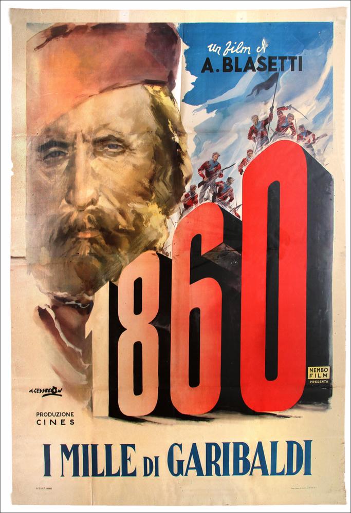 L'immagine è la riproduzione fotografica del manifesto cinematografico del film “1860 - I Mille di Garibaldi”, prodotta in seguito all'evento "Cinema 150 anni. Mostra di manifesti d'epoca sul Risorgimento". La mostra, allestita negli spazi della Mediateca Regionale di Bari, è stata realizzata nel 2011 dall'Ufficio Attività culturali e audiovisivi, afferente al Servizio Cultura e Spettacolo della Regione Puglia, in occasione delle celebrazioni dei 150 anni dell'Unità d'Italia. L'opera originale fu realizzata per la stampa dal famoso pittore, illustratore e grafico Angelo Cesselon, come si evince dalla firma sulla sinistra. Il pittore veneto nel dopoguerra cominciò a realizzare bozzetti pittorici per i manifesti di diverse case cinematografiche. La sua nota stilistica è r...
