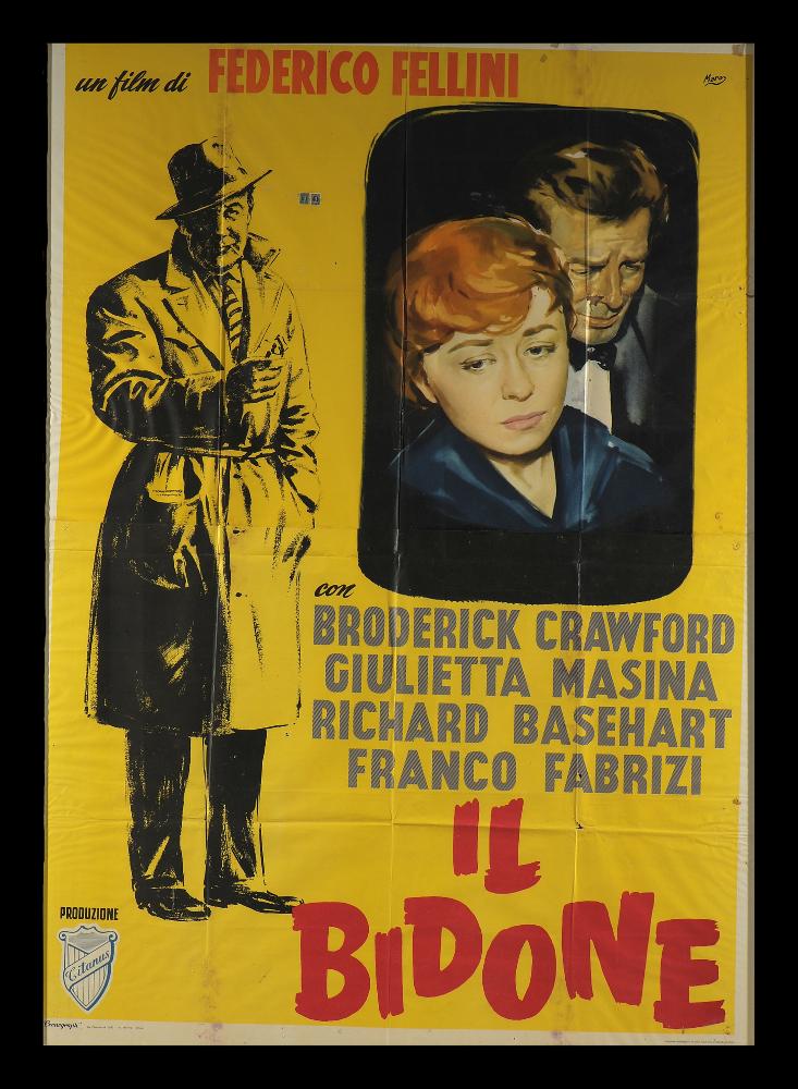 Il grande manifesto è a firma di Maro (Mauro Otello Innocenti) con un ritratto a figura intera di Broderick Crawford e in un riquadro la trasposizione pittorica di una scena del film con i volti di Giulietta Masina e Marcello Mastroianni. "Il bidone" è un film del 1955 diretto da Federico Fellini, scritto dal regista insieme a Ennio Flaiano e Tullio Pinelli. Il manifesto originale è conservato nell’Archivio della Mediateca Regionale Pugliese....