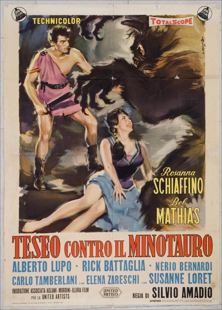 L'immagine riproduce uno dei manifesti conservati presso la Mediateca Regionale Pugliese, esaminati in "Cinema al muro: Angelo Cesselon" (vedi Note). Il Minotauro sembra essere stato fermato da Cesselon nell'attimo in cui si accinge ad invadere la scena carica di drammaticità. Le note cromatiche più decise sono quelle che distinguono gli abiti dei protagonisti in un contesto tenebroso, in cui la luce appare in lontananza, quasi come raggio di speranza. A dare maggiore risalto al manifesto contribuiscono i nomi degli attori, nei colori giallo e azzurro, ma soprattutto il titolo stesso del film, come di consueto di colore rosso con caratteri maiuscoli e a stampatello. Poche pennellate in chiaro-scuro riescono a dare profondità di campo alla scena....