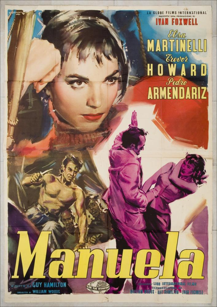 L'immagine riproduce uno dei manifesti conservati presso la Mediateca Regionale Pugliese, esaminati in "Cinema al muro: Angelo Cesselon" (vedi Note). Lo sguardo vivace di una giovane e bella donna in attesa degli eventi (Elsa Martinelli), campeggia nel manifesto insieme al titolo Manuela in colore giallo e dai caratteri quasi cubitali. Ancora una volta il blu e il rosso campiscono le immagini e, ancora una volta, Cesselon apre uno spazio a tutto campo bianco, in cui inserisce una scena di sintesi della trama, capace di incuriosire lo spettatore. La drammaticità della scena è accentuata dall'effetto determinato dal filtro colorato che pone le due immagini sotto una luce di dinamicità e di violenza. A sinistra, una parte della “ciurma” della nave sulla quale inizia la vic...
