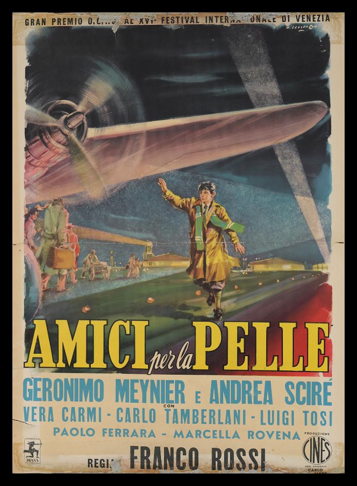 L'immagine riproduce uno dei manifesti conservati presso la Mediateca Regionale Pugliese (vedi Note). Si tratta di una delle due versioni grafiche del soggetto per la fotobusta verticale del film italiano "Amici per la pelle". L'illustrazione pittorica è a firma di Cesselon (Angelo Cesselon), considerato uno dei pittori di cinema più originali, contraddistinto da uno stile fatto di un cromatismo vibrante e dinamico. Nei suoi lavori per il grande schermo, ha sempre prediletto l'uso di tocchi sfumati e leggeri, con contrasti di colore forti e contemporanei. Ma è indubbio che Cesselon fu influenzato anche da una certa tradizione pittorica veneta, che guarda ad artisti come Tiziano e Tiepolo, fino a Giovanni Boldini, soprattutto nelle composizioni diagonali. Tutta la sua pr...