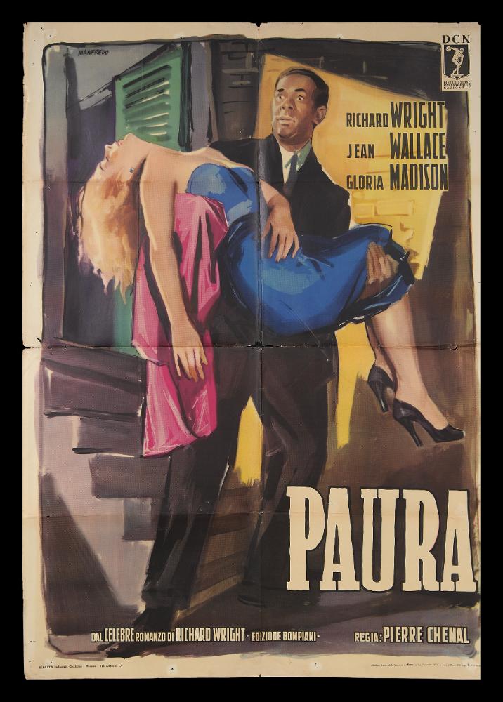 L'immagine riproduce uno dei manifesti conservati presso la Mediateca Regionale Pugliese (vedi Note). Si tratta di uno dei manifesti del film “Paura” del 1950 per la regia di Pierre Chenal. La firma che si legge in alto a sinistra è di Acerbo Manfredo (Manfredo), abruzzese di nascita, formatosi all'Accademia di Belle Arti di Roma. La sua carriera lavorativa lo vede insegnante di pittura, grafico e illustratore per il cinema. Il suo stile è contraddistinto da un segno grafico espressionista, dall'accostamento del nero a colori accesi e da una composizione fatta di macchie e pennellate rapide, molto contemporanee, che certamente lo distingueranno dagli altri pittori di cinema, rendendolo inequivocabilmente riconoscibile. Le forme delle figure e dei personaggi sono così vo...