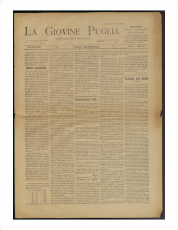 Il documento è parte della collezione del fondo libri digitalizzati della Biblioteca provinciale La Magna Capitana di Foggia, comprendente alcune monografie di diversi secoli e periodici del Novecento. Nello specifico si tratta del num. 13 dell'anno I de “La Giovine Puglia. Giornale socialista settimanale” del 24 marzo 1907. Annunciando con piacere l'ingrandimento del formato e l'acquisto della carta dalle rinomate Cartiere Meridionali di Napoli, il settimanale inizia con la notizia della legge del governo sull'analfabetismo. Si constata infatti con rammarico che la percentuale media in tutta Italia degli sposi analfabeti era pari al 32 circa e che solo in Capitanata si aggirava al doppio. Questo deriverebbe dall'autonomia concessa ai municipi, cosa che avrebbe lasciato...
