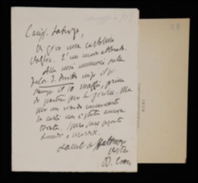 Nella lettera, Benedetto Croce inoltra a Laterza una richiesta di abbonamento al suo periodico e gli comunica un ritardo nella stampa del suo contributo per gli "Atti dell'Accademia Pontaniana".