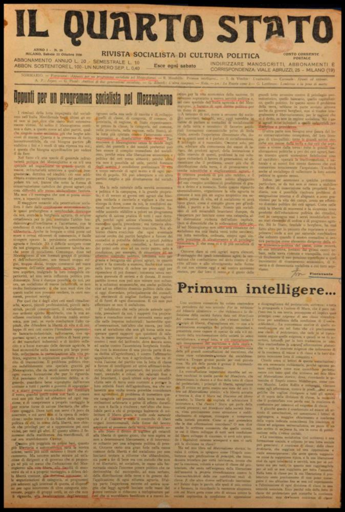 ll documento digitale è parte della collezione dell’emeroteca storica posseduta dall’Istituto pugliese per la storia dell’antifascismo e dell’Italia contemporanea di Bari (IPSAIC). Nello specifico la risorsa in oggetto riproduce il numero 29 del settimanale di attualità politica, fondato da Pietro Nenni e Carlo Rosselli, “Il Quarto Stato – Rivista socialista di cultura politica”, distribuito per un solo anno. Nel numero pubblicato il 23 ottobre 1926, in ultima pagina vi è una lettera indirizzata al direttore del Quarto Stato inviata da Gina Lombroso, figlia di Cesare, medico, antropologo e sociologo italiano, padre della moderna criminologia. Nella lettera, denuncia il fatto che molti giornali sostennero la pena di morte per i delitti politici, avvalendosi delle teorie ...