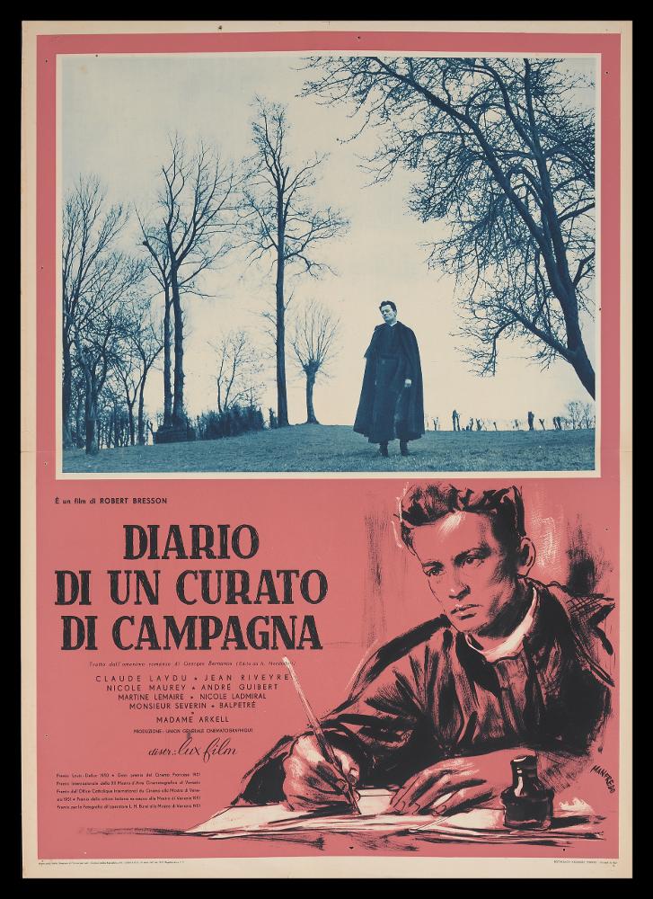 L'immagine riproduce uno dei manifesti conservati presso la Mediateca Regionale Pugliese (vedi Note). Si tratta di una delle versioni della locandina del film "Il diario di un curato di campagna", la cui illustrazione è a firma di Manfredo Acerbo (Manfredo). Abruzzese di nascita, si forma a Roma all'Accademia di Belle Arti. La sua carriera lavorativa lo vede insegnante di pittura, grafico e illustratore per il cinema. Il suo stile è contraddistinto da un segno grafico espressionista, dall'accostamento del nero a colori accesi e da una composizione fatta di macchie e pennellate rapide, molto contemporanee, che certamente lo distingueranno dagli altri pittori di cinema, rendendolo inequivocabilmente riconoscibile. Le forme delle figure e dei personaggi sono così volutamen...