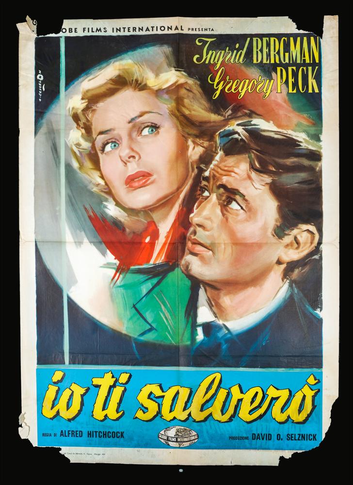 Io ti salverò (titolo originale “Spellbound”) è un film noir del 1945 diretto da Alfred Hitchcock, su sceneggiatura di Ben Hecht, John Palmer e Hilary St George Saunders.
Nel cast Ingrid Bergman, Gregory Peck e Michael Chekhov.
Il manifesto cinematografico è firmato dal celebre pittore di cinema Angelo Cesselon, considerato uno dei maestri più originali per il suo stile caratterizzato da composizioni innovative e da un cromatismo dinamico espresso a colpi di pennello e di spatola, influenzato anche dalla pittura dell’Ottocento. Nato a Venezia nel 1922, Cesselon unisce il linguaggio figurativo con l’astrattismo e la pop art. Le sue dive divengono modelli della nuova femminilità del dopoguerra. In questo manifesto ritroviamo le sue straordinarie doti da ritrattista nei to...