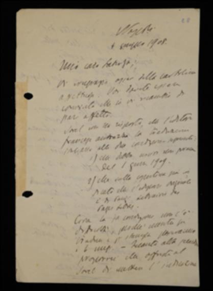 Nella lettera, Benedetto Croce, dopo aver ringraziato l'editore per l'invio di una cartolina, gli comunica la risposta di Georges Sorel in merito alla pubblicazione della traduzione italiana del suo volume sulla violenza, riferendo la volontà dell'editore francese affinché il testo non venga pubblicato prima del 1909 e con l' indicazione dell'edizione originale di Parigi sulla copertina. Croce, offrendo di far eseguire la traduzione con una determinata spesa e sotto la propria sorveglianza, invita Laterza, nel caso accetti, a scrivere direttamente a Sorel proponendo di spostare l'indicazione dell'edizione parigina alla pagina precedente il frontespizio, e gli suggerisce poi di pubblicizzare da subito il volume così progettato. Il filosofo comunica inoltre all'editore ba...