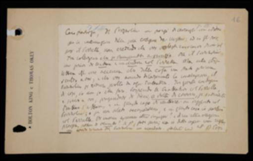 Nella cartolina, Benedetto Croce scrive a Laterza a nome di Giuseppe Prezzolini sollecitando una risposta circa il progetto di una nuova collana filosofica. Personalmente gli sconsiglia di accettare.