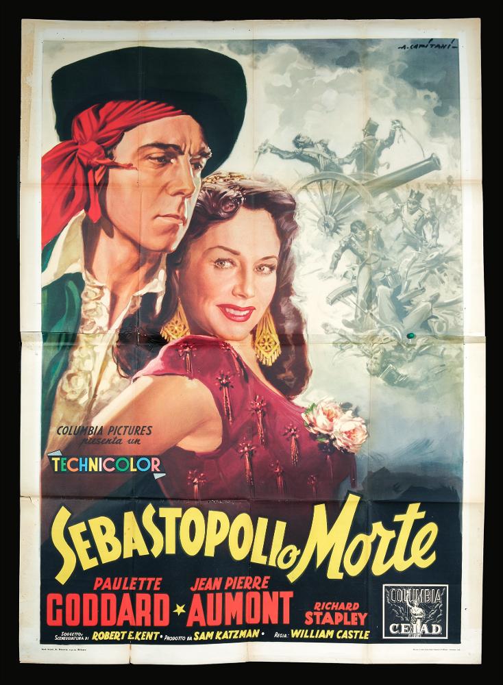 L'immagine riproduce uno dei manifesti conservati presso la Mediateca Regionale Pugliese (vedi Note). Si tratta di una delle versioni grafiche del manifesto del film "Sebastopoli o morte", la cui illustrazione è a firma di Alfredo Capitani. Pittore di cinema del primo periodo, Capitani fondò uno studio nel 1919 per la realizzazione di manifesti pubblicitari e poi con Luigi Martinati una società per il lancio di pellicole cinematografiche. Il suo stile richiama quello di Ballester, con un uso di colori luminosi e sfumati con effetti di mirabile enfasi pittorica. Le sue rappresentazioni sono sempre originali, grazie all'uso di colori pieni arricchiti dalle loro variazioni tonali cangianti. Splendida anche questa composizione, in cui i ritratti iperrealisti a mezzo busto d...