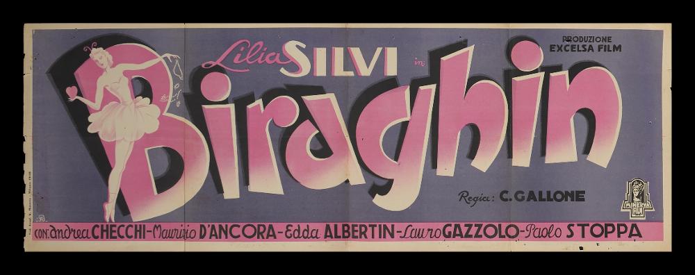L'immagine riproduce uno dei manifesti conservati presso la Mediateca Regionale Pugliese (vedi Note). Si tratta di una delle versioni grafiche del manifesto del film in bianco e nero “Biraghin”, del 1946 per la regia di Carmine Gallone, a firma di Anselmo Ballester, come si evince dall’iniziale B con all’interno la A, in basso a sinistra. Classe 1897, spagnolo di origine, è considerato tra i capostipiti della pittura di cinema per la sua formazione presso lo studio pubblicitario dedicato al cinema fondato dal padre Federico insieme a Martinati e Capitani. Il manifesto presenta un formato particolare: si tratta infatti di un 50x140, un manifesto quindi orizzontale. La composizione grafica è molto semplice, quasi completamente occupata dal titolo dalle lettere molto tonde...
