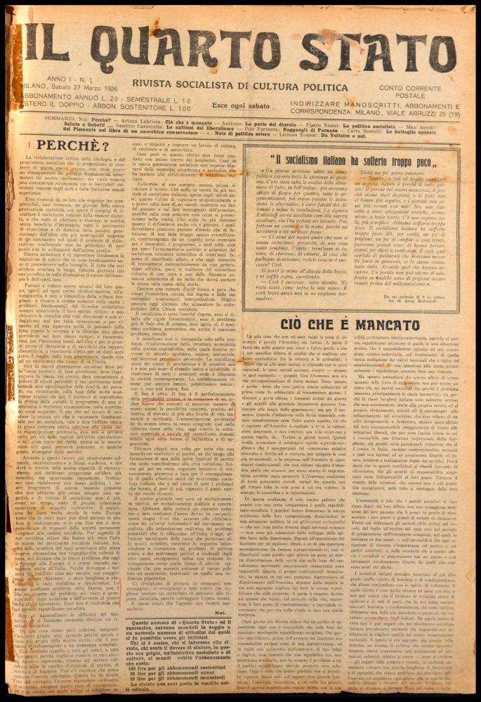 ll documento digitale è parte della collezione dell’emeroteca storica posseduta dall’Istituto pugliese per la storia dell’antifascismo e dell’Italia contemporanea di Bari (IPSAIC). Nello specifico la risorsa in oggetto riproduce il primo numero del settimanale di attualità politica, fondato da Pietro Nenni e Carlo Rosselli, “Il Quarto Stato – Rivista socialista di cultura politica”, distribuito per un solo anno. D'obbligo è la lettura del primo articolo a firma "Noi" nel quale vengono esposte la natura e le finalità della nuova rivista: una rielaborazione critica della ideologia e del programma socialista. Tra gli articoli spicca la riflessione di Arturo Labriola sulle cause del fallimento dell'Aventino. Interessante il "Saluto a Gobetti" dell'accademico Max Ascoli che ...